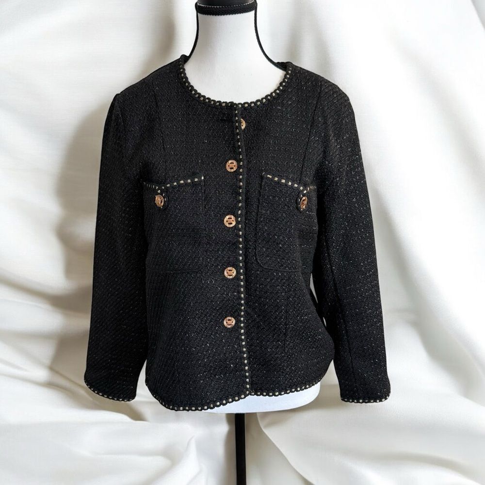 New With Tags Butterfly Elegant Tweed Black with Gold Trim Jacket Size 6